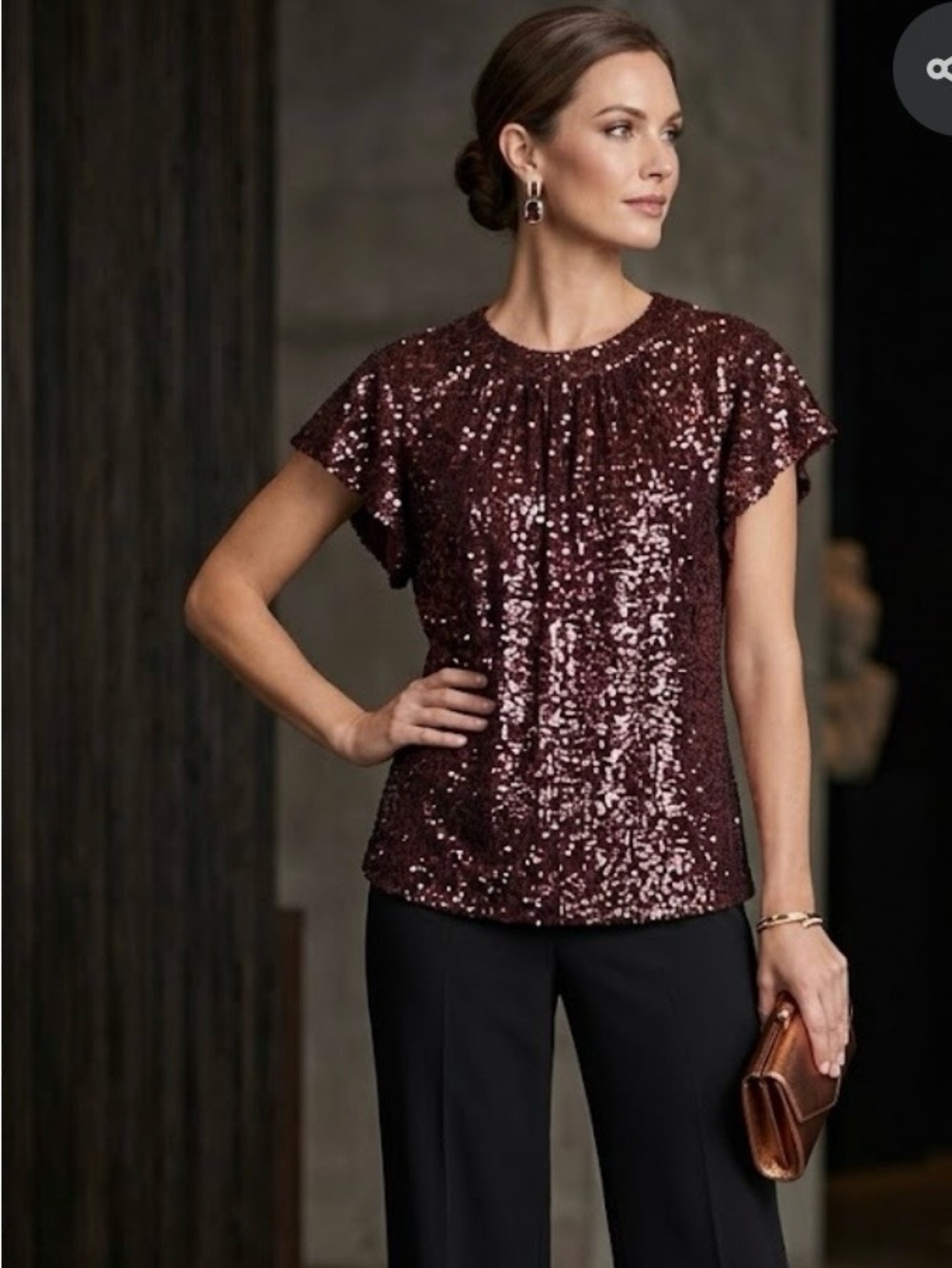 NORDSTROM Rack Sequined Short Sleeve Dress Top in Deep Plum
